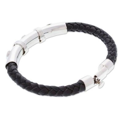 Alternate image for Mens Black Leather and Sterling Silver Pendant Bracelet Todays Resilience
