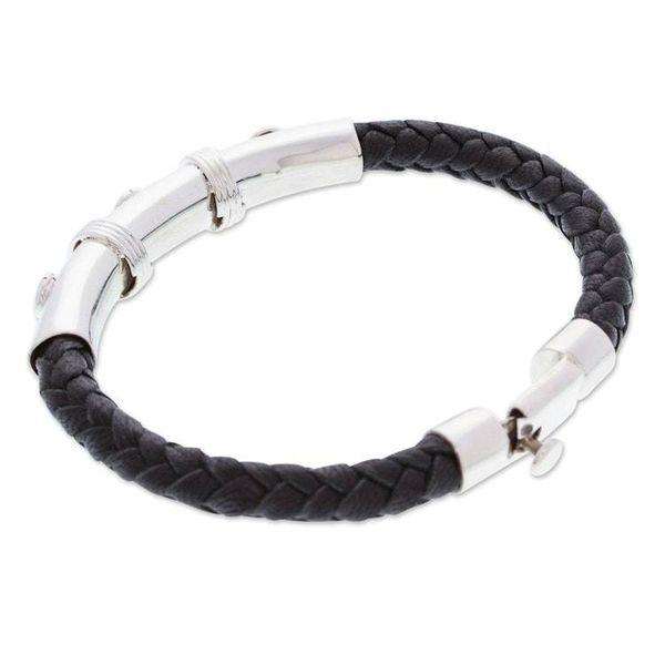 Alternate image for Mens Black Leather and Sterling Silver Pendant Bracelet Todays Resilience