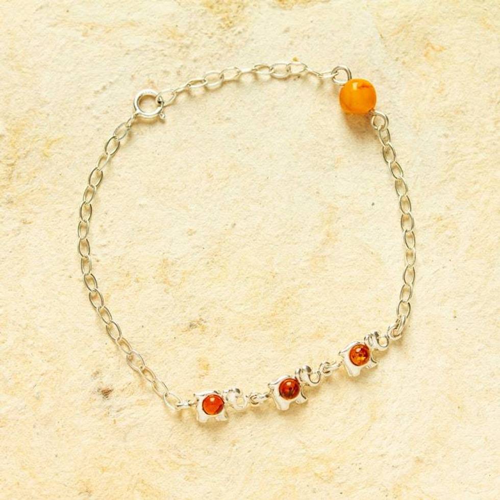 925 Sterling Silver and Amber Link Bracelet with Elephants 'Amber and Elephants'