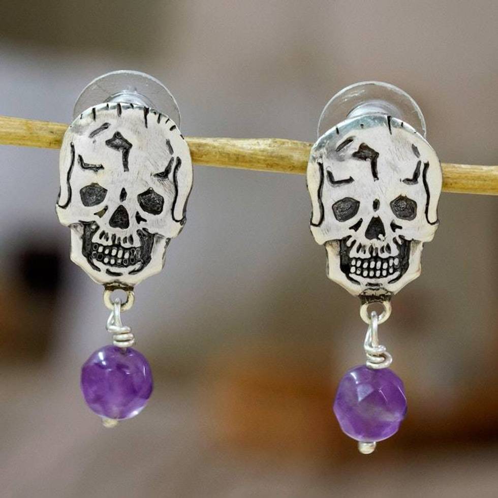 Agate and Amethyst Skull Dangle Earrings from Mexico 'Transition'