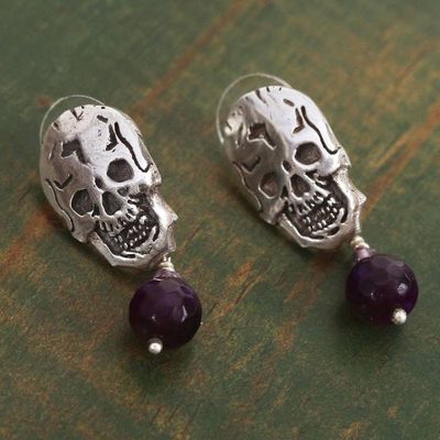 Alternate image for Agate and Amethyst Skull Dangle Earrings from Mexico Transition