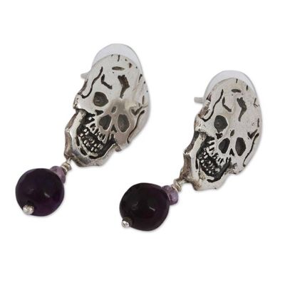 Alternate image for Agate and Amethyst Skull Dangle Earrings from Mexico Transition