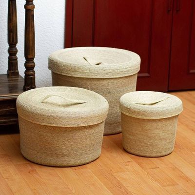 Alternate image for Lidded Baskets Made from Palm Frond Fiber Set of 3 Market Treasures
