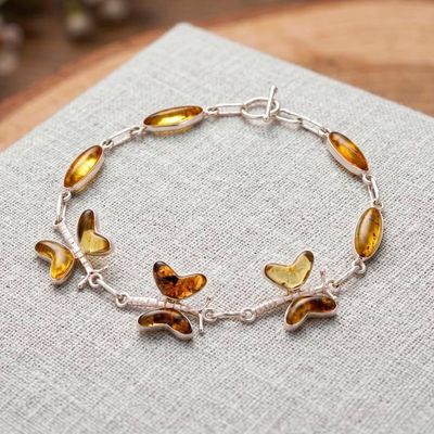 Alternate image for Butterfly-Themed Polished Natural Amber Station Bracelet Ancient Butterfly