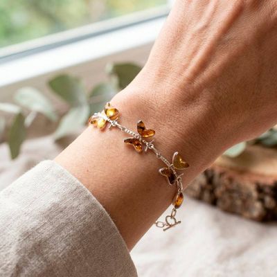 Alternate image for Butterfly-Themed Polished Natural Amber Station Bracelet Ancient Butterfly
