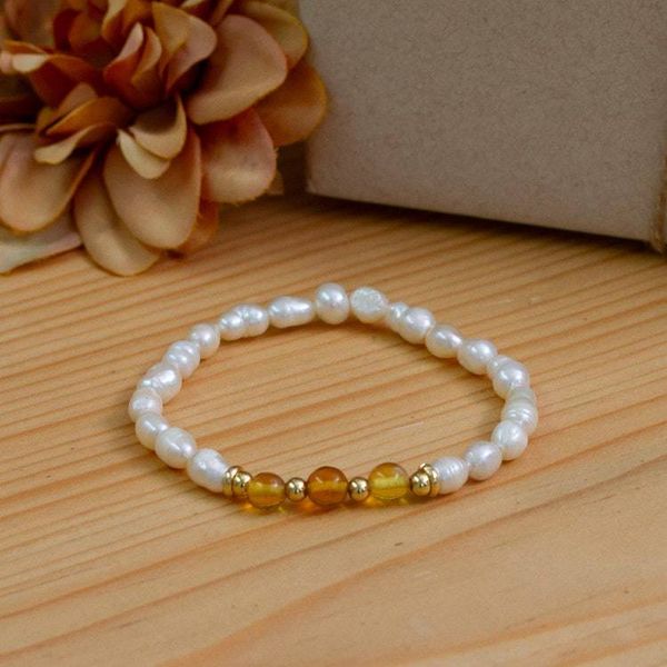 Alternate image for Cultured Pearl Beaded Stretch Bracelet with Amber Stones Pearly Courage