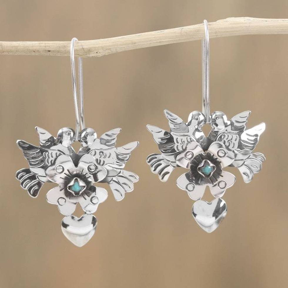 Sterling Silver and Turquoise Accent Dove Drop Earrings 'Calm and Compassion'