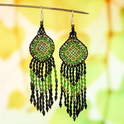 Primary image for Huichol Beadwork Black and Green Statement Earrings Green Huichol Dreamcatcher