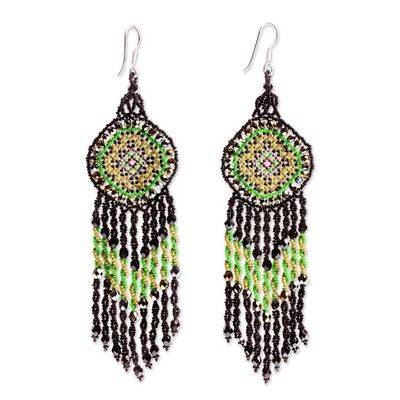 Alternate image for Huichol Beadwork Black and Green Statement Earrings Green Huichol Dreamcatcher
