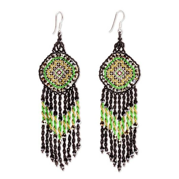 Alternate image for Huichol Beadwork Black and Green Statement Earrings Green Huichol Dreamcatcher
