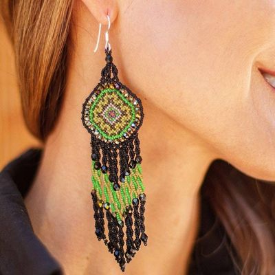 Alternate image for Huichol Beadwork Black and Green Statement Earrings Green Huichol Dreamcatcher