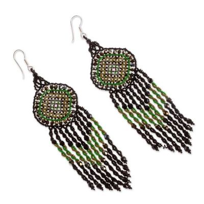 Alternate image for Huichol Beadwork Black and Green Statement Earrings Green Huichol Dreamcatcher