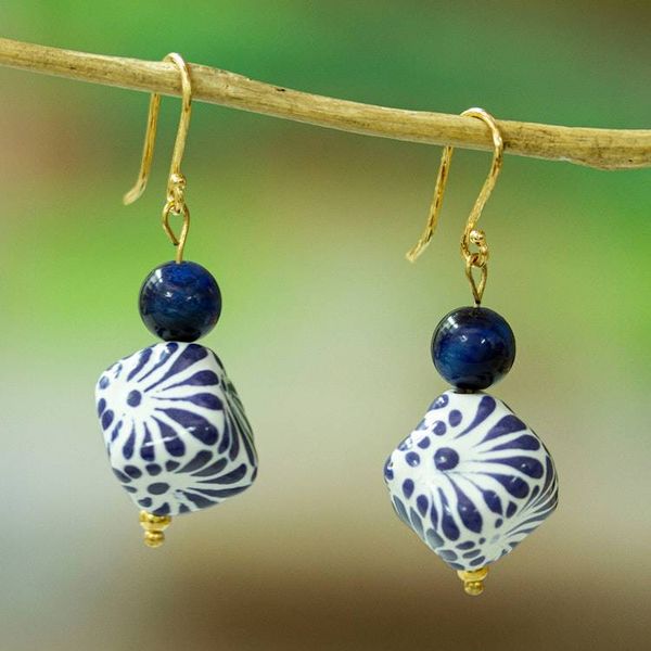 Alternate image for Mexican Talavera Gold-Accented Blue Tigers Eye Earrings Bold Blue