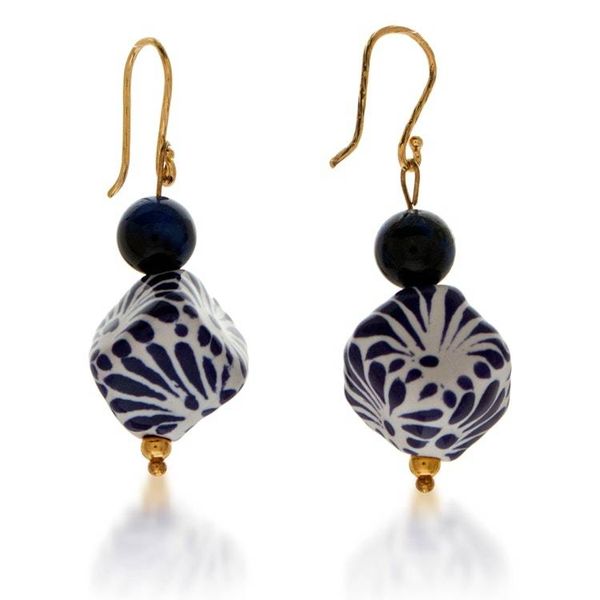 Alternate image for Mexican Talavera Gold-Accented Blue Tigers Eye Earrings Bold Blue