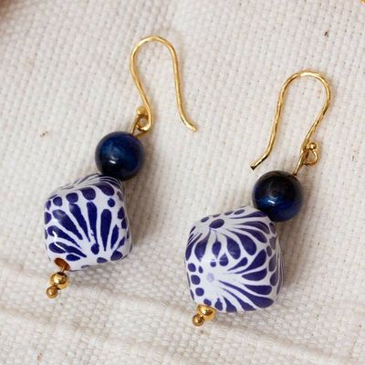 Alternate image for Mexican Talavera Gold-Accented Blue Tigers Eye Earrings Bold Blue