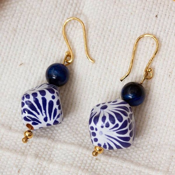Alternate image for Mexican Talavera Gold-Accented Blue Tigers Eye Earrings Bold Blue