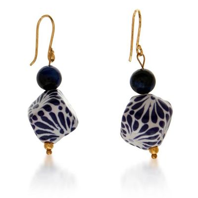 Alternate image for Mexican Talavera Gold-Accented Blue Tigers Eye Earrings Bold Blue