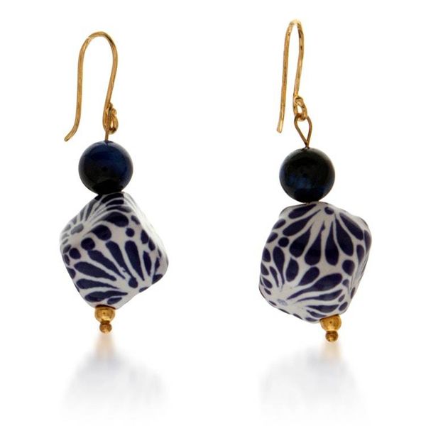 Alternate image for Mexican Talavera Gold-Accented Blue Tigers Eye Earrings Bold Blue