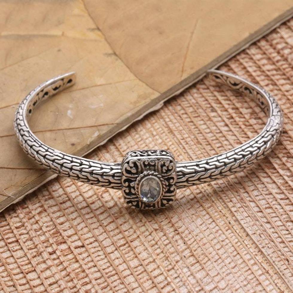 Handmade Blue Topaz and Sterling Silver Cuff Bracelet 'Snake in the Garden'