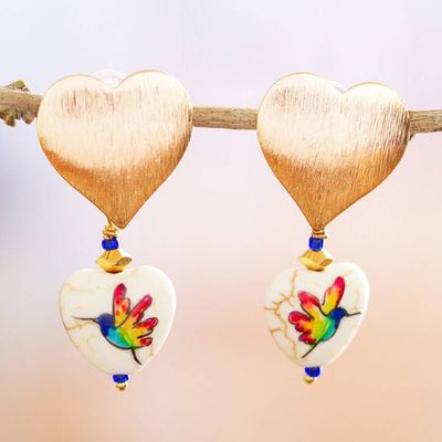 Main image for 14k Gold-Plated Dangle Earrings with Hand-Painted Birds Winged Rainbow