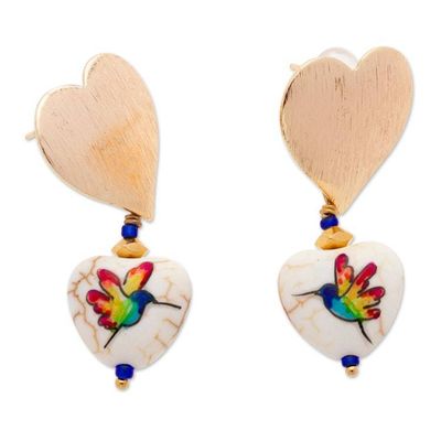 Alternate image for 14k Gold-Plated Dangle Earrings with Hand-Painted Birds Winged Rainbow