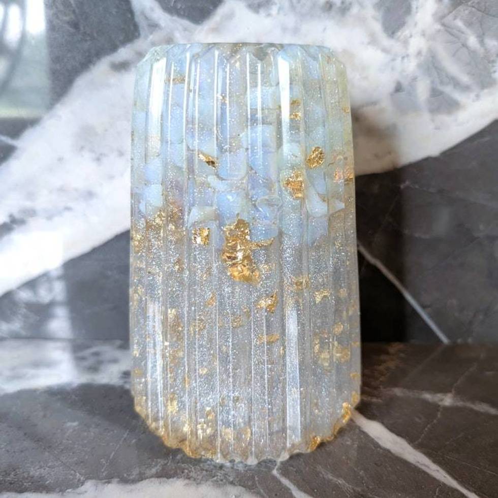Opalite and Gold Leaf Vase, Gemstone Vase, Bathroom Decor, Home Decor, Housewarming Gift, Gift for Her, Gift for Mom, Glam Opal Look Vase