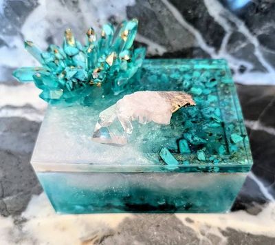Alternate image for Turquoise Agate Crystal Jewelry Box | Geode Marble Resin Ocean Keepsake Box Holder | Gift for Her | Coastal Beach Unique Catch All Box