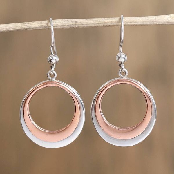 Alternate image for Circular Sterling Silver and Copper Dangle Earrings Eclipsed Circle
