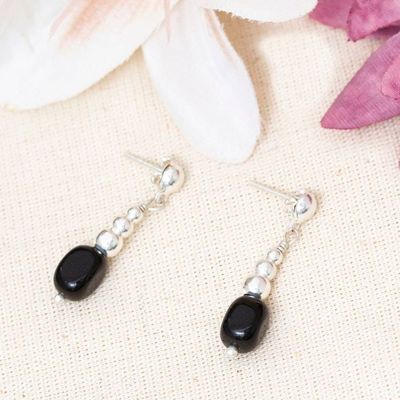 Alternate image for Black Onyx Taxco Silver Beaded Dangle Earrings from Mexico Exquisite Black