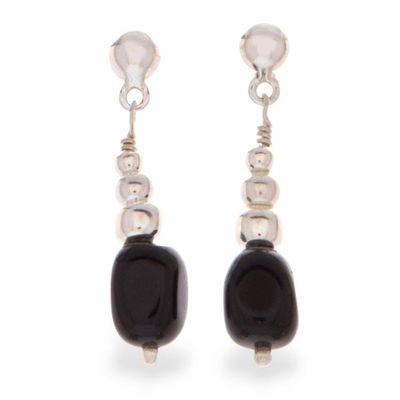 Alternate image for Black Onyx Taxco Silver Beaded Dangle Earrings from Mexico Exquisite Black