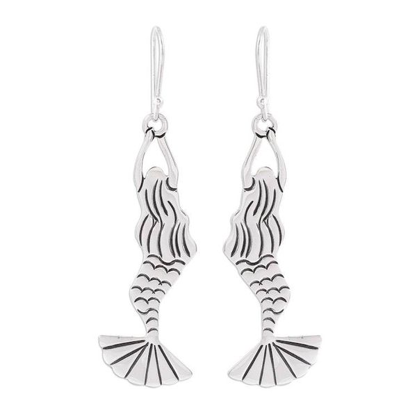 Alternate image for Taxco Sterling Silver Mermaid Dangle Earrings from Mexico Swimming Mermaids