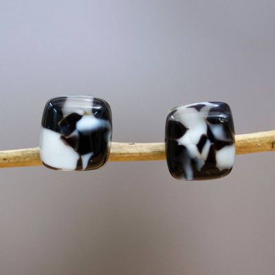 Alternate image for Modern Art Glass Button Earrings in Black and White Hues Prime Fusion