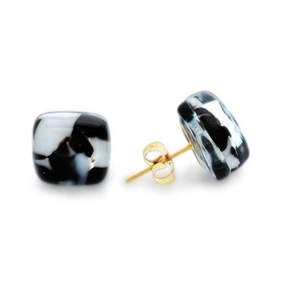 Alternate image for Modern Art Glass Button Earrings in Black and White Hues Prime Fusion