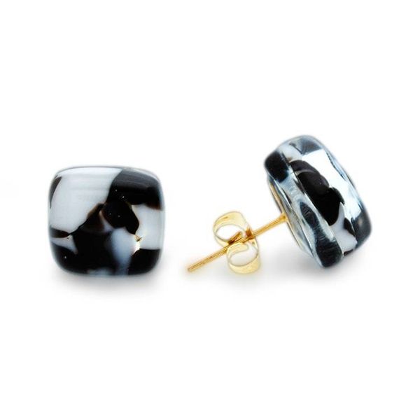 Alternate image for Modern Art Glass Button Earrings in Black and White Hues Prime Fusion