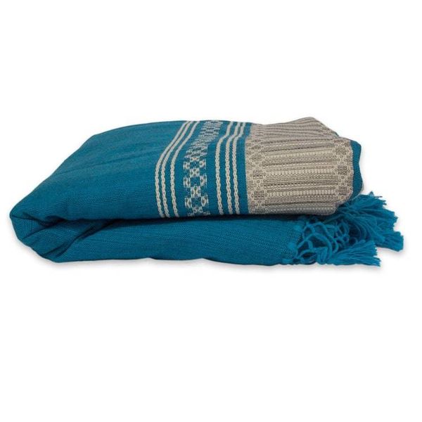 Alternate image for Hand Woven Blue Beige Striped Cotton Bedspread Twin Size Zapotec Sky