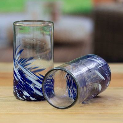Main image for White Blue Handblown Recycled Glass Highball Glasses Pair Modern Blue
