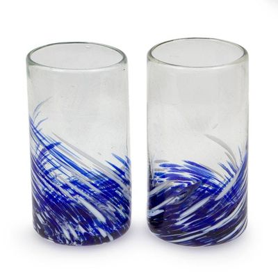 Alternate image for White Blue Handblown Recycled Glass Highball Glasses Pair Modern Blue