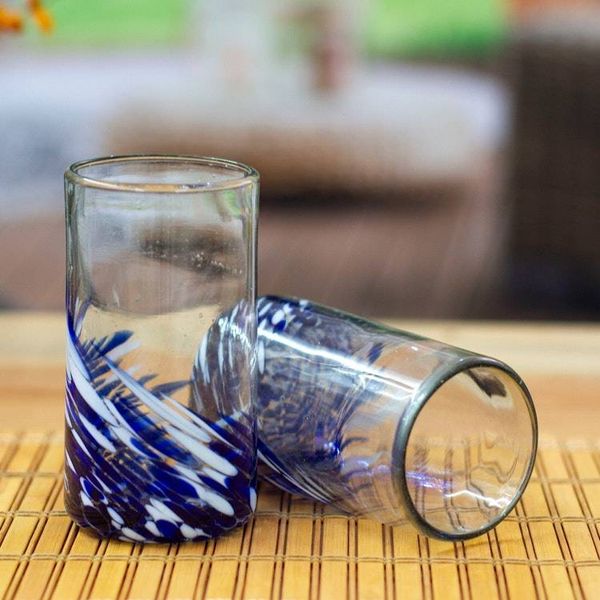 Alternate image for White Blue Handblown Recycled Glass Highball Glasses Pair Modern Blue