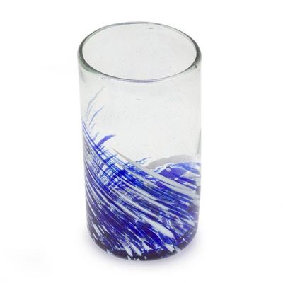 Alternate image for White Blue Handblown Recycled Glass Highball Glasses Pair Modern Blue