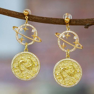 Main image for Cosmos-Themed 24k Gold-Plated Brass Pisces Dangle Earrings Pisces Galaxy