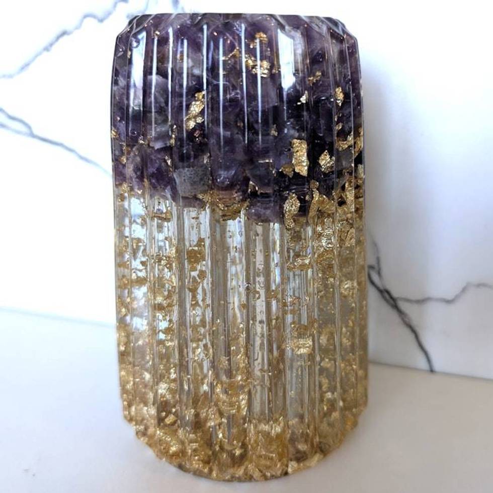 Amethyst and Gold Leaf Vase, Gemstone Vase, Bathroom Decor, Home Decor, Housewarming Gift, Gift for Her, Gift for Mom, Glam Purple Vase