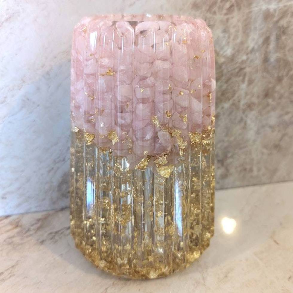 Rose Quartz and Gold Leaf Vase, Gemstone Resin Bathroom Decor, Home Decor, Housewarming Gift, Gift for Her, Gift for Mom, Glam Pink Vase