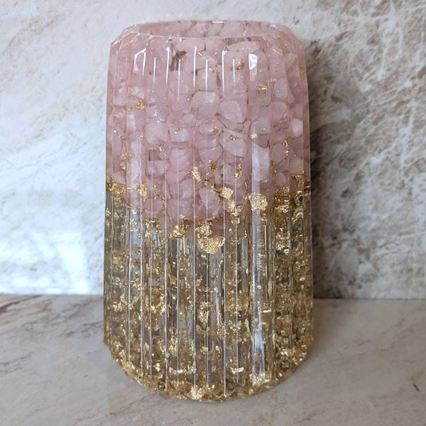 Alternate image for Rose Quartz and Gold Leaf Vase, Gemstone Resin Bathroom Decor, Home Decor, Housewarming Gift, Gift for Her, Gift for Mom, Glam Pink Vase