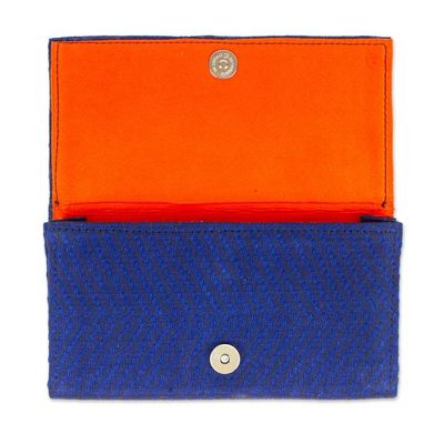 Alternate image for Blue Handwoven Cotton Clutch with Bright Orange Interior Modern Moves
