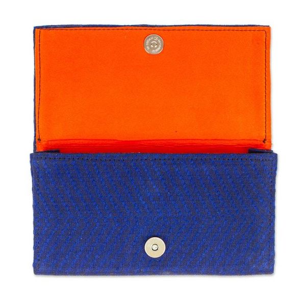 Alternate image for Blue Handwoven Cotton Clutch with Bright Orange Interior Modern Moves