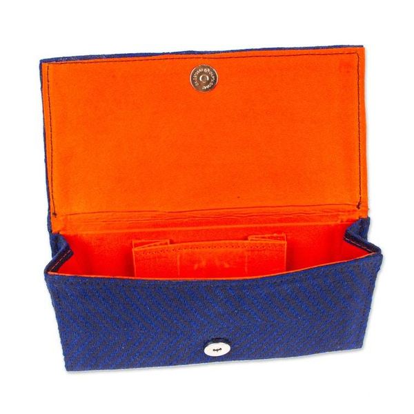 Alternate image for Blue Handwoven Cotton Clutch with Bright Orange Interior Modern Moves