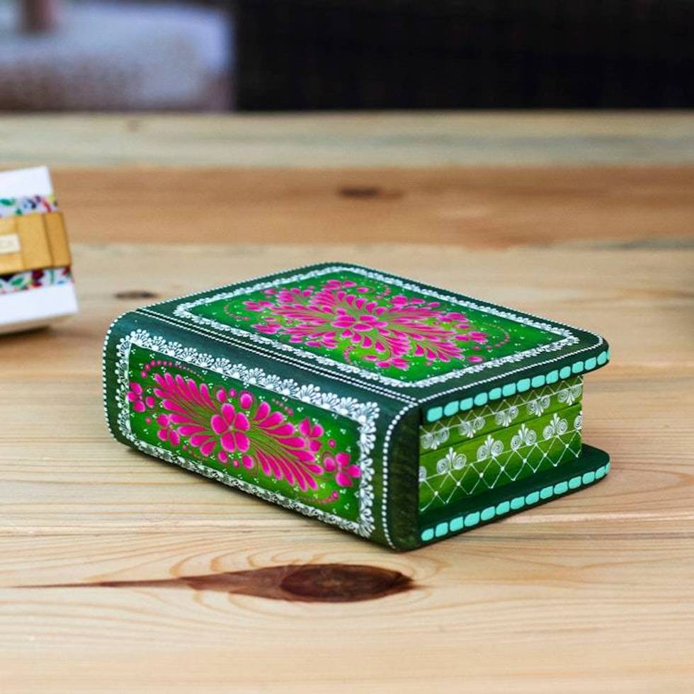 Hand-Painted Green Floral Wood Decorative Box from Mexico 'Tricky Green Book'