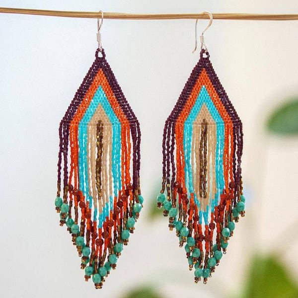 Alternate image for Huichol Beadwork Peach-Aqua-Tangerine Waterfall Earrings Peach and Aqua Waterfall