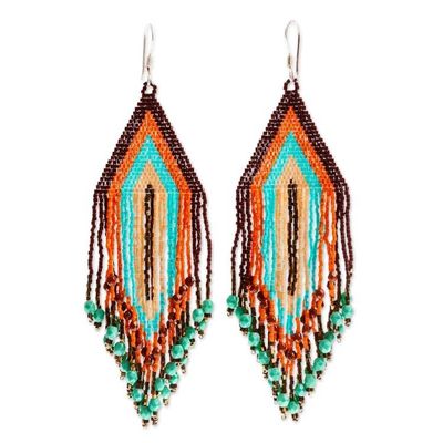 Alternate image for Huichol Beadwork Peach-Aqua-Tangerine Waterfall Earrings Peach and Aqua Waterfall