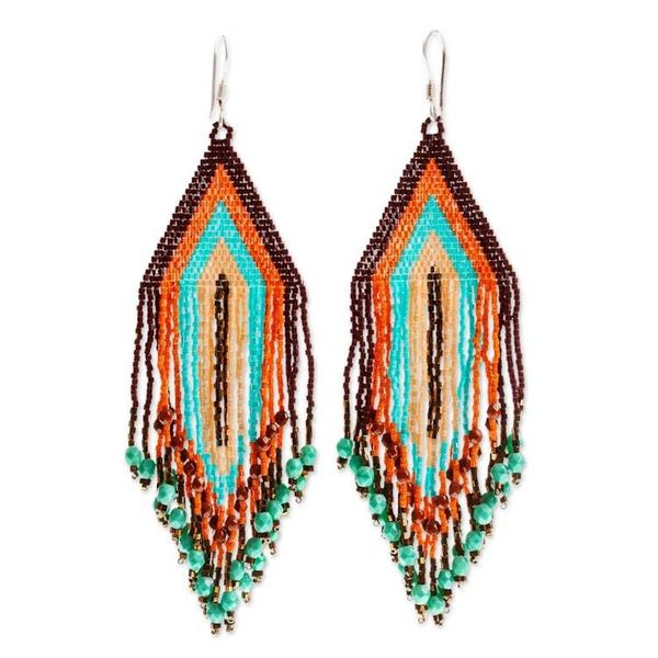 Alternate image for Huichol Beadwork Peach-Aqua-Tangerine Waterfall Earrings Peach and Aqua Waterfall